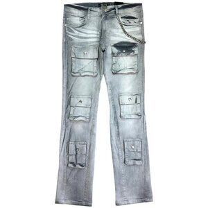 ELITE PREMIUM DENIM Men's Cargo Premium Stacked Jeans Grey + Cuban Link Size 38